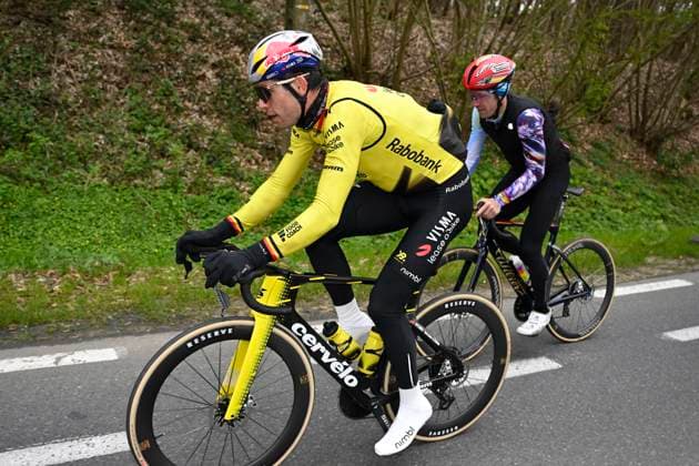 Ronde van Vlaanderen 2026 Cycling Race Media Activities 03 04 2026 OUDENAARDE, BELGIUM - APRIL 03 : Van Aert Wout (BEL) of Team Visma Lease a Bike and Bakelants Jan riding during a training and reconnaissance session ahead of the 110th edition of Ronde van Vlaanderen an UCI World Tour 1.UWT one day cycling road race for Men Elite of 271 km with start in Antwerpen and finish in Oudenaarde on April 3, 2026 in Oudenaarde, Belgium, 03 04 2026 ( Motordriver Guy De Vuyst - Oudenaarde Belgium  Copyright: xNicoxVereeckenx