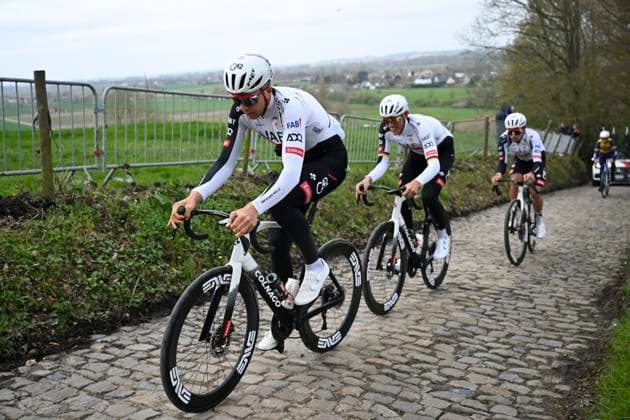 Ronde van Vlaanderen 2026 Cycling Race Media Activities 03 04 2026 OUDENAARDE, BELGIUM - APRIL 03 : Vermeersch Florian (BEL) of UAE Team Emirates XRG, Politt Nils (GER) of UAE Team Emirates XRG riding during a training and reconnaissance session ahead of the 110th edition of Ronde van Vlaanderen an UCI World Tour 1.UWT one day cycling road race for Men Elite of 271 km with start in Antwerpen and finish in Oudenaarde on April 3, 2026 in Oudenaarde, Belgium, 03 04 2026 ( Motordriver Guy De Vuyst - Oudenaarde Belgium  Copyright: xNicoxVereeckenx