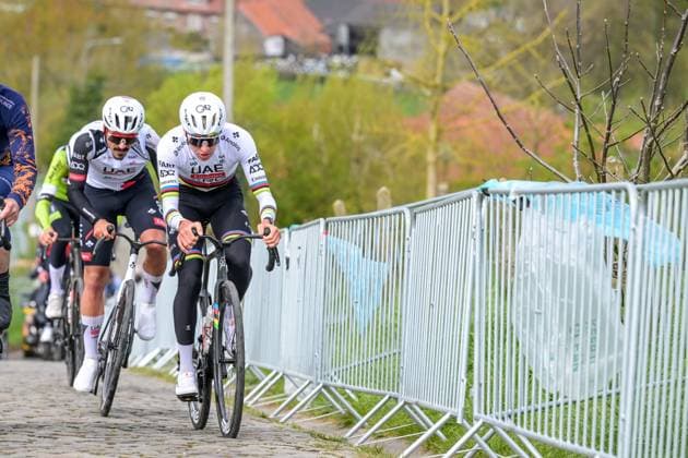 Colombian Juan Sebastian Molano of UAE Team Emirates-XRG and Slovenian Tadej Pogacar of UAE Team Emirates-XRG pictured in action during pictured at a track reconaissance ahead of the Ronde van Vlaanderen Tour des Flandres Tour of Flanders cycling race, Friday 03 April 2026. The 110th edition of the cycling race will take place on Sunday 05 April. DAVIDxPINTENS  x169668341x