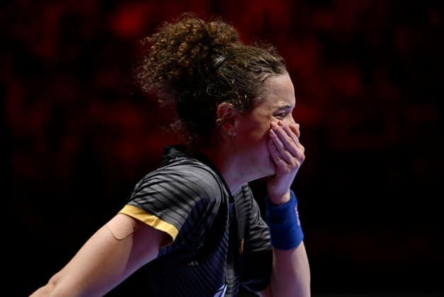 (260403) -- MACAO, April 3, 2026 -- Hana Goda reacts after the women s singles round of 16 match between Hana Goda of Egypt and Yuan Jia Nan of France at the ITTF Men s and Women s World Cup 2026 in Macao, China, April 3, 2026. ) (SP)CHINA-MACAO Table tennis, Tischtennis ITTF-WORLD CUP 2026-WOMEN S SINGLES (CN) YuxYang 
