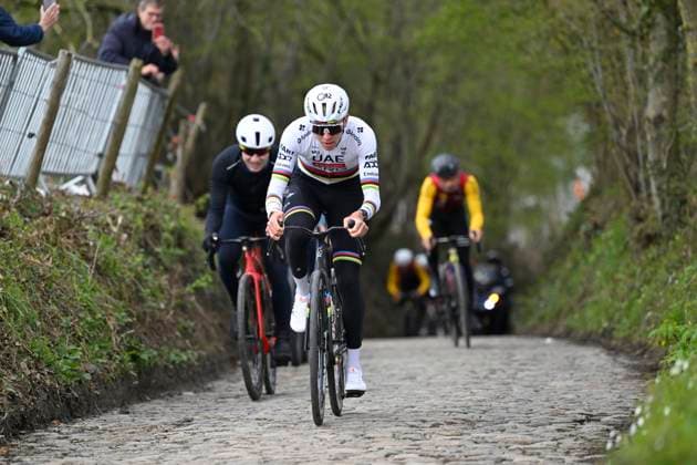 Ronde van Vlaanderen 2026 Cycling Race Media Activities 03 04 2026 OUDENAARDE, BELGIUM - APRIL 03 : Pogacar Tadej (SLO) of UAE Team Emirates XRG on the Koppenberg climb during a training and reconnaissance session ahead of the 110th edition of Ronde van Vlaanderen an UCI World Tour 1.UWT one day cycling road race for Men Elite of 271 km with start in Antwerpen and finish in Oudenaarde on April 3, 2026 in Oudenaarde, Belgium, 03 04 2026 ( Motordriver Guy De Vuyst - Oudenaarde Belgium  Copyright: xNicoxVereeckenx