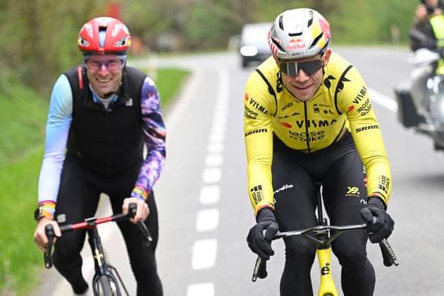 Ronde van Vlaanderen 2026 Cycling Race Media Activities 03 04 2026 OUDENAARDE, BELGIUM - APRIL 03 : Van Aert Wout (BEL) of Team Visma Lease a Bike and Bakelandts Jan, former cyclist riding during a training and reconnaissance session ahead of the 110th edition of Ronde van Vlaanderen an UCI World Tour 1.UWT one day cycling road race for Men Elite of 271 km with start in Antwerpen and finish in Oudenaarde on April 3, 2026 in Oudenaarde, Belgium, 03 04 2026 ( Motordriver Guy De Vuyst - Oudenaarde Belgium  Copyright: xNicoxVereeckenx