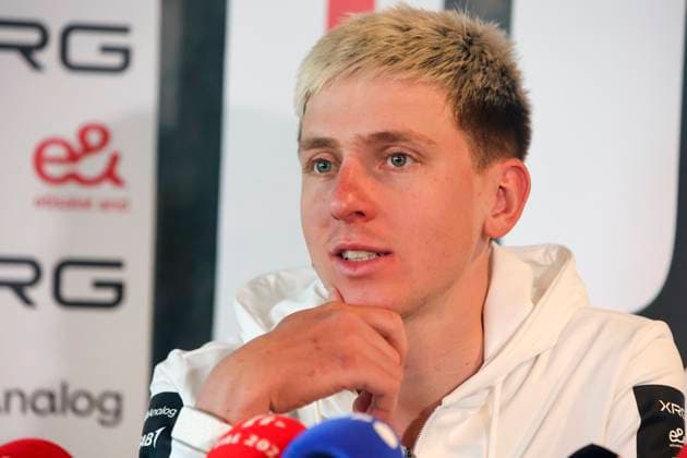press conference, PK, Pressekonferenz UAE Team Emirates - XRG 03 04 2026 WAREGEM, BELGIUM - APRIL 03 : Pogacar Tadej (SLO) of UAE Team Emirates XRG talking to the press during a press conference of team UAE Team Emirates - XRG ahead of the 110th edition of Ronde van Vlaanderen an UCI World Tour 1.UWT one day cycling road race for Men Elite of 271 km with start in Antwerpen and finish in Oudenaarde on April 3, 2026 in Waregem, Belgium, 03 04 2026 Waregem Belgium  Copyright: xGiannixBarbieuxx