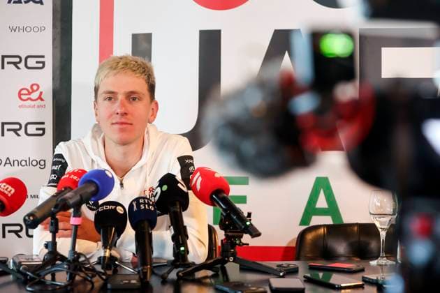 press conference, PK, Pressekonferenz UAE Team Emirates - XRG 03 04 2026 WAREGEM, BELGIUM - APRIL 03 : Pogacar Tadej (SLO) of UAE Team Emirates XRG talking to the press during a press conference of team UAE Team Emirates - XRG ahead of the 110th edition of Ronde van Vlaanderen an UCI World Tour 1.UWT one day cycling road race for Men Elite of 271 km with start in Antwerpen and finish in Oudenaarde on April 3, 2026 in Waregem, Belgium, 03 04 2026 Waregem Belgium  Copyright: xGiannixBarbieuxx