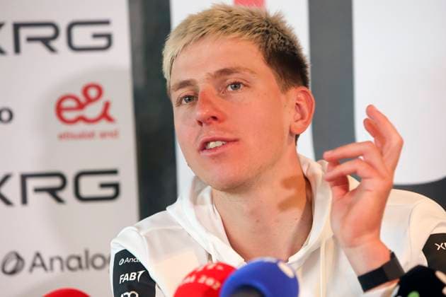 press conference, PK, Pressekonferenz UAE Team Emirates - XRG 03 04 2026 WAREGEM, BELGIUM - APRIL 03 : Pogacar Tadej (SLO) of UAE Team Emirates XRG talking to the press during a press conference of team UAE Team Emirates - XRG ahead of the 110th edition of Ronde van Vlaanderen an UCI World Tour 1.UWT one day cycling road race for Men Elite of 271 km with start in Antwerpen and finish in Oudenaarde on April 3, 2026 in Waregem, Belgium, 03 04 2026 Waregem Belgium  Copyright: xGiannixBarbieuxx