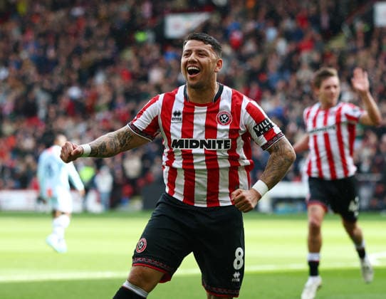 Sheffield, England, 3rd April 2026. Gustavo Hamer of Sheffield United celebrates scoring the first goal during the Sheffield United vs Swansea City Sky Bet Championship match at Bramall Lane, Sheffield. Picture credit should read: Simon Bellis Sportimage EDITORIAL USE ONLY. No use with unauthorised audio, video, data, fixture lists, club league logos or live services. Online in-match use limited to 120 images, no video emulation. No use in betting, games or single club league player publications. SPI_027_SB_Sheff_Utd_Swansea SPI-4660-0006