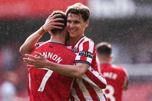 Sheffield, England, 3rd April 2026. Tom Cannon of Sheffield United celebrates the fourth goal with Tyler Bindon of Sheffield United during the Sheffield United vs Swansea City Sky Bet Championship match at Bramall Lane, Sheffield. Picture credit should read: Jake Youle Sportimage EDITORIAL USE ONLY. No use with unauthorised audio, video, data, fixture lists, club league logos or live services. Online in-match use limited to 120 images, no video emulation. No use in betting, games or single club league player publications. SPI_046_JY_Sheff_Utd_Swansea SPI-4660-0044