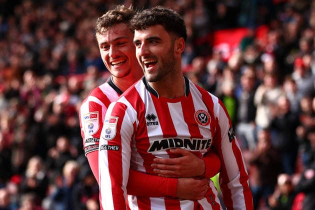 Sheffield, England, 3rd April 2026. Tom Cannon of Sheffield United celebrates the fourth goal with Harrison Burrows of Sheffield United during the Sheffield United vs Swansea City Sky Bet Championship match at Bramall Lane, Sheffield. Picture credit should read: Jake Youle Sportimage EDITORIAL USE ONLY. No use with unauthorised audio, video, data, fixture lists, club league logos or live services. Online in-match use limited to 120 images, no video emulation. No use in betting, games or single club league player publications. SPI_043_JY_Sheff_Utd_Swansea SPI-4660-0041