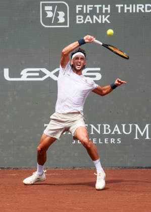 HOUSTON, TX - APRIL 03: Thiago Agustin Tirante (ARG) in action during the singles quarterfinals of the Men™s Clay Court Championship on April 3, 2026 at River Oaks Country Club in Houston, Texas. (Photo by Leslie Plaza Johnson Icon Sportswire) TENNIS: APR 03 US Men s Clay Court Championship EDITORIAL USE ONLY Icon260403079
