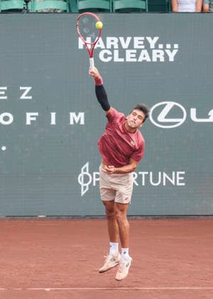 HOUSTON, TX - APRIL 03: Roman Andres Burruchaga (ARG) serves the ball during the singles quarterfinals of the Men™s Clay Court Championship on April 3, 2026 at River Oaks Country Club in Houston, Texas. (Photo by Leslie Plaza Johnson Icon Sportswire) TENNIS: APR 03 US Men s Clay Court Championship EDITORIAL USE ONLY Icon260403018