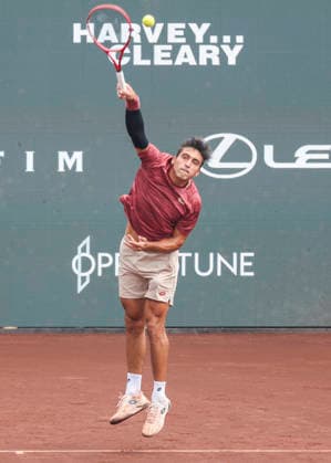 HOUSTON, TX - APRIL 03: Roman Andres Burruchaga (ARG) serves the ball during the singles quarterfinals of the Men™s Clay Court Championship on April 3, 2026 at River Oaks Country Club in Houston, Texas. (Photo by Leslie Plaza Johnson Icon Sportswire) TENNIS: APR 03 US Men s Clay Court Championship EDITORIAL USE ONLY Icon260403019