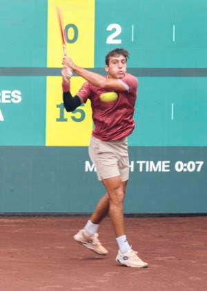 HOUSTON, TX - APRIL 03: Roman Andres Burruchaga (ARG) in action during the singles quarterfinals of the Men™s Clay Court Championship on April 3, 2026 at River Oaks Country Club in Houston, Texas. (Photo by Leslie Plaza Johnson Icon Sportswire) TENNIS: APR 03 US Men s Clay Court Championship EDITORIAL USE ONLY Icon260403028