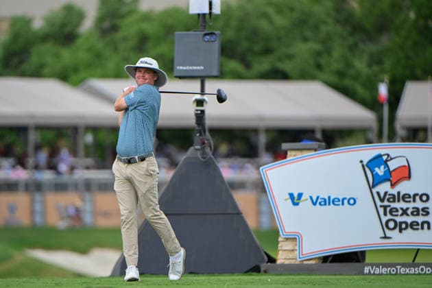 SAN ANTONIO, TX - APRIL 03: Joe Highsmith (USA) watches his tee shot on 11 during the second round of the Valero Texas Open on April 3, 2026, at the AT&T Oaks Course at TPC San Antonio, San Antonio, Texas. (Photo by Ken Murray Icon Sportswire) GOLF: APR 03 PGA, Golf Herren Valero Texas Open EDITORIAL USE ONLY Icon2604030262