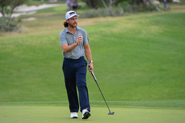 SAN ANTONIO, TX - APRIL 03: Tommy Fleetwood (ENG) after sinking his birdie putt on 11 during the second round of the Valero Texas Open on April 3, 2026, at the AT&T Oaks Course at TPC San Antonio, San Antonio, Texas. (Photo by Ken Murray Icon Sportswire) GOLF: APR 03 PGA, Golf Herren Valero Texas Open EDITORIAL USE ONLY Icon2604030402
