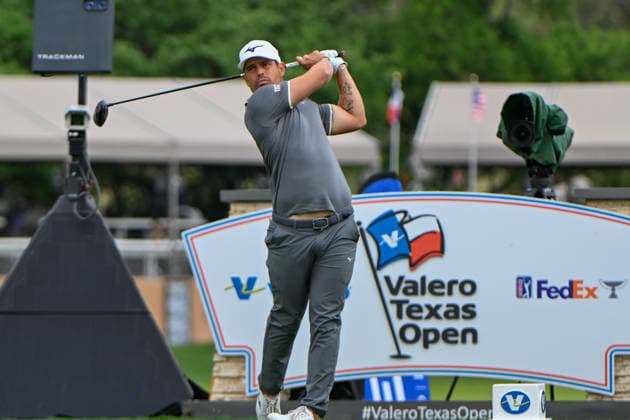 SAN ANTONIO, TX - APRIL 03: Adrien Saddier (FRA) watches his tee shot on 11 during the second round of the Valero Texas Open on April 3, 2026, at the AT&T Oaks Course at TPC San Antonio, San Antonio, Texas. (Photo by Ken Murray Icon Sportswire) GOLF: APR 03 PGA, Golf Herren Valero Texas Open EDITORIAL USE ONLY Icon2604030132