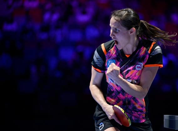 (260404) -- MACAO, April 4, 2026 -- Sabine Winter of Germany celebrates during the women s singles quarterfinal match between Wang Yidi of China and Sabine Winter of Germany at the ITTF Men s and Women s World Cup 2026 in Macao, China, April 4, 2026. ) (SP)CHINA-MACAO Table tennis, Tischtennis ITTF-WORLD CUP 2026-WOMEN S SINGLES (CN) YuxYang 