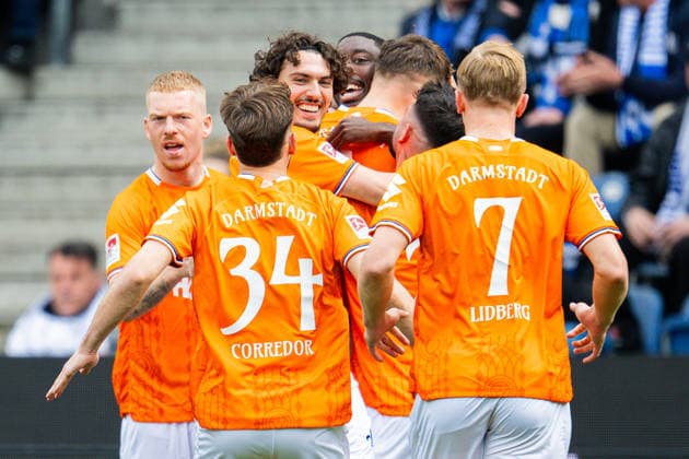 04 04 2026 Soccer, 2025 2026, 2 Bundesliga, Matchday 28, DSC Arminia Bielefeld SV Darmstadt 98 Cheering after the goal to 0 1 by Matej Maglica Darmstadt , L Kai Klefisch Darmstadt , M Fraser Hornby Darmstadt , Patric Pfeiffer Darmstadt DFL REGULATIONS PROHIBIT ANY USE OF PHOTOGRAPHS AS IMAGE SEQUENCES AND OR QUASI VIDEO
