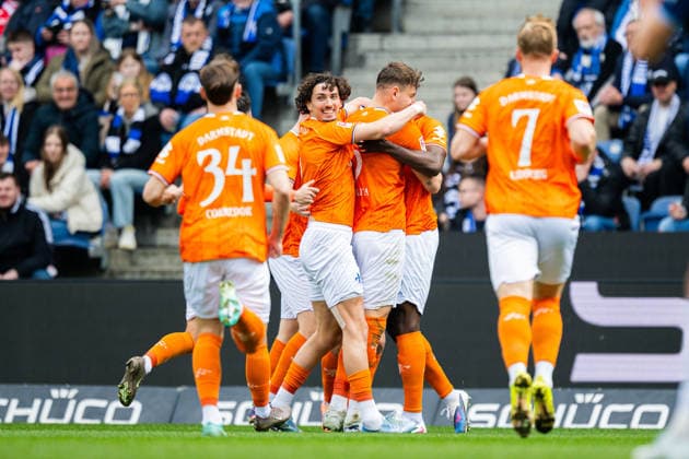 04 04 2026 Soccer, 2025 2026, 2 Bundesliga, Matchday 28, DSC Arminia Bielefeld SV Darmstadt 98 Cheering after the goal to 0 1 by Matej Maglica Darmstadt , M Fraser Hornby, Darmstadt DFL REGULATIONS PROHIBIT ANY USE OF PHOTOGRAPHS AS IMAGE SEQUENCES AND OR QUASI VIDEO