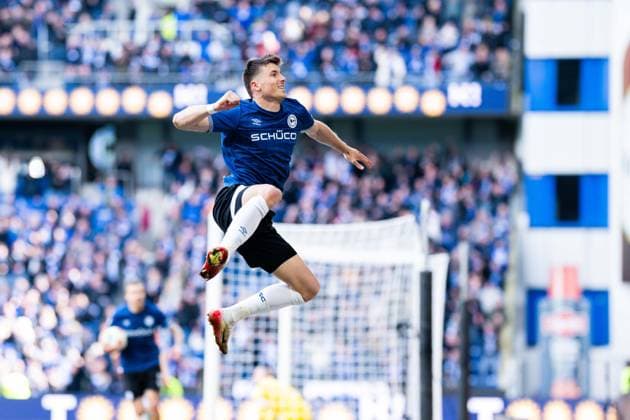 04 04 2026 Soccer, 2025 2026, 2 Bundesliga, Matchday 28, DSC Arminia Bielefeld SV Darmstadt 98 Semir Telalovic Bielefeld cheers after his goal for 1 1 DFL REGULATIONS PROHIBIT ANY USE OF PHOTOGRAPHS AS IMAGE SEQUENCES AND OR QUASI VIDEO