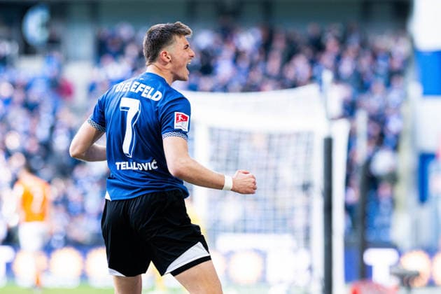 04 04 2026 Soccer, 2025 2026, 2 Bundesliga, Matchday 28, DSC Arminia Bielefeld SV Darmstadt 98 Semir Telalovic Bielefeld cheers after his goal for 1 1 DFL REGULATIONS PROHIBIT ANY USE OF PHOTOGRAPHS AS IMAGE SEQUENCES AND OR QUASI VIDEO