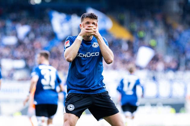 04 04 2026 Soccer, 2025 2026, 2 Bundesliga, Matchday 28, DSC Arminia Bielefeld SV Darmstadt 98 Semir Telalovic Bielefeld cheers after his goal for 1 1 DFL REGULATIONS PROHIBIT ANY USE OF PHOTOGRAPHS AS IMAGE SEQUENCES AND OR QUASI VIDEO