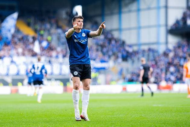 04 04 2026 Soccer, 2025 2026, 2 Bundesliga, Matchday 28, DSC Arminia Bielefeld SV Darmstadt 98 Semir Telalovic Bielefeld cheers after his goal for 1 1 DFL REGULATIONS PROHIBIT ANY USE OF PHOTOGRAPHS AS IMAGE SEQUENCES AND OR QUASI VIDEO