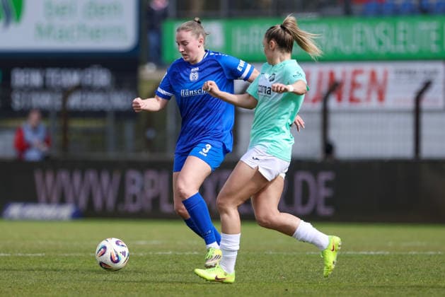 from left Nina Rolfes SV Meppen, 3 and Ivana Slipcevic SC Sand, 23 in a duel, dynamic, action, action, game scene, THE DFB REGULATIONS PROHIBIT ANY USE OF PHOTOGRAPHS AS IMAGE SEQUENCES AND OR QUASI VIDEO , 04 04 2026, Meppen Germany , Football, 2 Womens Bundesliga, SV Meppen SC Sand xobx
