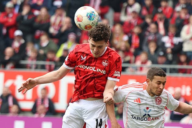 04 04 2026, xrekx, Fußball 2 Bundesliga, 1 FC Kaiserslautern Fortuna Düsseldorf v l header to 1 0 by Jacob Rasmussen 1 FC Kaiserslautern DFL DFB REGULATIONS PROHIBIT ANY USE OF PHOTOGRAPHS as IMAGE SEQUENCES and or QUASI VIDEO Kaiserslautern