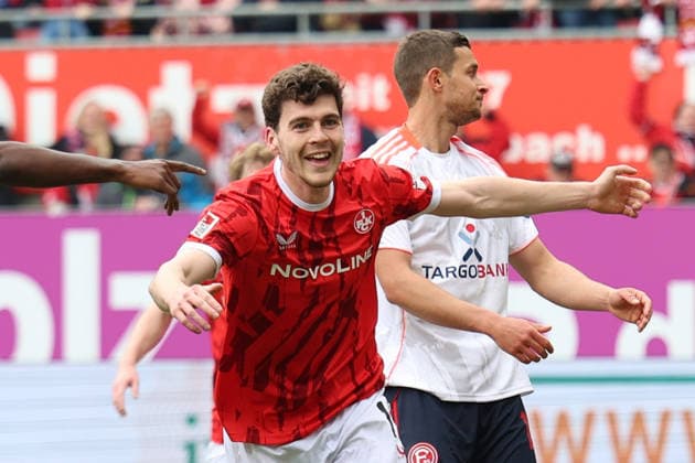 04 04 2026, xrekx, Fußball 2 Bundesliga, 1 FC Kaiserslautern Fortuna Düsseldorf v l Torjubel nach dem Tor zum celebrating the goal celebrate 1 0 durch Jacob Rasmussen 1 FC Kaiserslautern DFL DFB REGULATIONS PROHIBIT ANY USE OF PHOTOGRAPHS as IMAGE SEQUENCES and or QUASI VIDEO Kaiserslautern