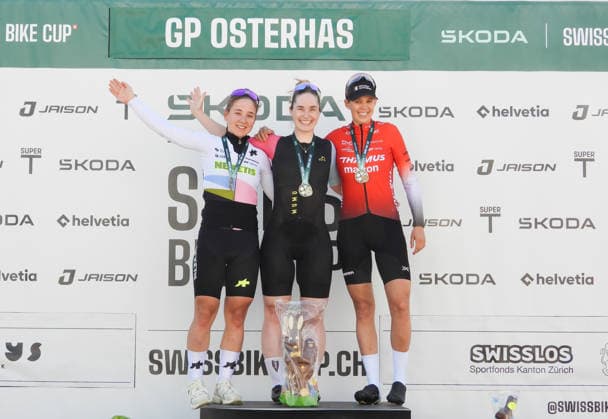 04 04 2026 Affoltern am Albis Switzerland GP Osterhas International Womens Cycling Race Picture from l Mara Winter SUI TEAM NEXETIS,Winner Aline Seitz SUI Team Higher DOSE Renova, , Alessandra Keller SUI, Team Thoemus Maxon AKTION