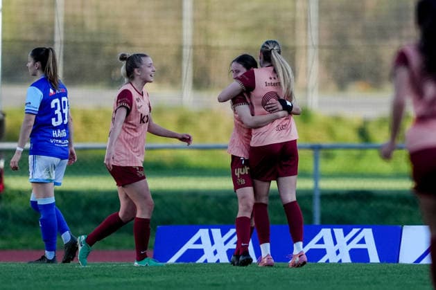 Switzerland AXA Women s Super League 2025 26, FC Luzern vs BSC YB Women Hubelmatt, Luzern Malaurie Granges 13 YB Women cheers after her goal with Athena Marie Kuehn 12 YB Women and Maja Jelcic 99 YB Women Copyright: xKjetilxWaberx