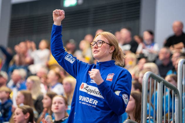 HSG Blomberg Lippe GER vs Borussia Dortmund GER , Handball, 1 Handball Bundesliga Women, 22 Matchday, 4 4 2026, Season 2025 2026, Blomberg Marie Michalczik HSG Blomberg Lippe, 24 cheers after a save Blomberg Sporthalle an der Ulmenallee Germany