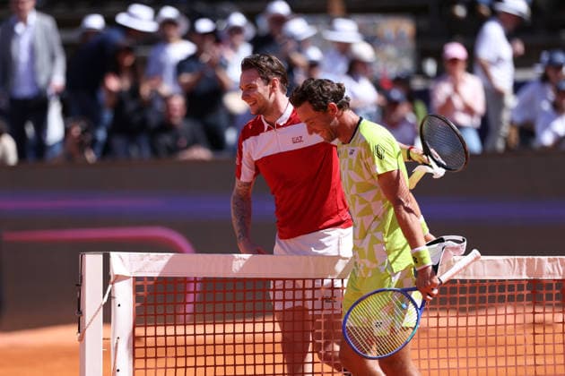 TENNIS : Bastide Medical UTS Nimes - 04 04 2026 NIMES, FRANCE : Â« The Ice Man Â» Casper RUUD vs. Â« The Bublik Enemy Â» Alexander BUBLIK (2) lors de la demi-finale du Bastide Medical UTS Nimes, 1er evenement du tournoi 2026 de l™Ultimate Tennis Showdown aux Arenes de Nimes, le 4 avril 2026. NimesFrance  Copyright: xValentinaxClaretx