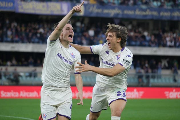 Nicolo Fagioli of ACF Fiorentina celebrates after scores a goal with Jacopo Fazzini of ACF Fiorentina during the soccer match between Hellas Verona FC and ACF Fiorentina, MD31 of Serie A Enilive Italian soccer championship 2025 2026 at Marcantonio Bentegodi Stadium on April 4, 2026, Verona, Italy.  Copyright: xRobertoxTommasini IPAxSportx xipa-agency.netx xx IPA_73754662 IPA_Agency_IPA73754662