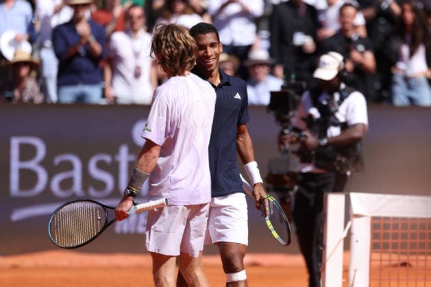 TENNIS : Bastide Medical UTS Nimes - 04 04 2026 NIMES, FRANCE : Â« The Gentle Warrior Â» Felix AUGER-ALIASSIME (1) vs. Â« Rublo Â» Andrey RUBLEV lors de la demi-finale du Bastide Medical UTS Nimes, 1er evenement du tournoi 2026 de l™Ultimate Tennis Showdown aux Arenes de Nimes, le 4 avril 2026. NimesFrance  Copyright: xValentinaxClaretx