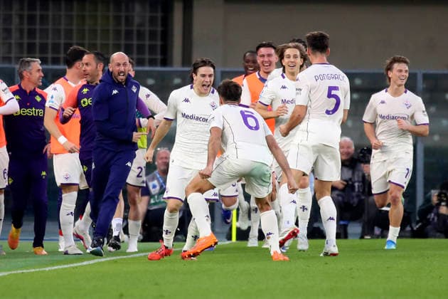 Fiorentina s Nicolo Fagioli celebration goal 0-1 during the Serie A soccer match between Hellas Verona and Fiorentina at the Bentegodi Stadium in Verona, north west Italy - Saturday , April 4 , 2026. - Soccer .  Copyright: xPaolaxGarbuio Lapressex