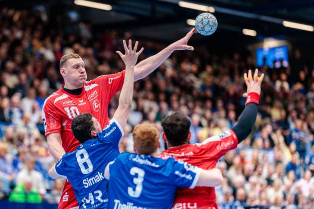 v l Dainis Kristopans MT Melsungen, 10 , Frederik Simak TBV Lemgo Lippe, 08 , Nicolai Theilinger TBV Lemgo Lippe, 03 , Ruben Marchan MT Melsungen, 02 GER, TBV Lemgo Lippe vs MT Melsungen, Handball, 1 Bundesliga, Matchday 27, Season 2025 2026, 04 04 2026 GER, TBV Lemgo Lippe vs MT Melsungen, Handball, 1 Bundesliga, Matchday 27, Season 2025 2026, 04 04 2026 Lemgo Copyright: xEibner-Pressefoto JanxRollingerx EP_JSK