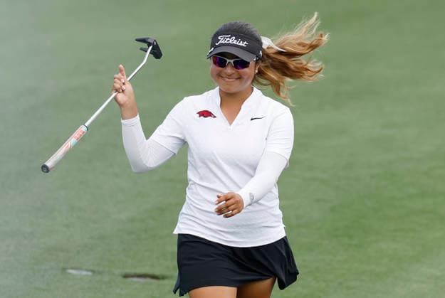 Maria Jose Marin of Colombia reacts to fans applause as she walks to the 16th green in the final round of the Augusta National Women s Amateur at Augusta National Golf Club on Saturday, April 4, 2026 in Augusta, Georgia. Marin won the Augusta National Women s Amateur with a score of 14 under par.  AUG20260404102 JOHNxANGELILLO