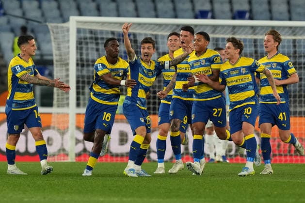 Enrico Delprato of Parma Calcio celebrates with team mates after scoring the goal of 0-1 during the Serie A 2025 2026 football match between SS Lazio and Parma Calcio at Stadio Olimpico in Rome (Italy), April 4, 2026. AntoniettaxBaldassarre