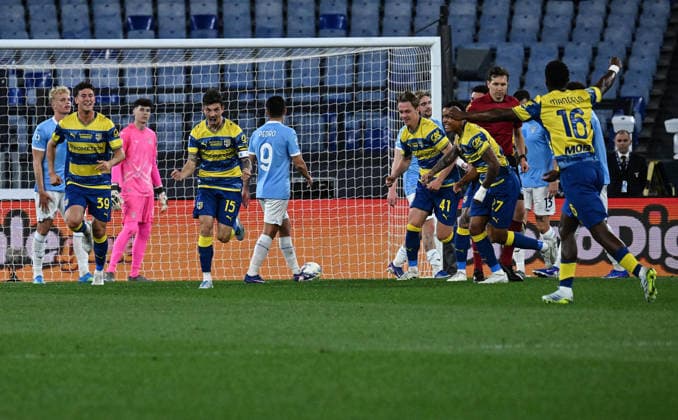 April 4, 2026, Rome, Italy: Parma™s Enrico Delprato celebrates his goal during the Serie A soccer match between SS Lazio and Parma at the Olimpico stadium in Rome, Italy, 4 April 2026. ANSA RICCARDO ANTIMIANI. Soccer: Serie A; Lazio Vs Parma  - ZUMAa110 20260404_zaf_a110_029 Copyright: xRiccardoxAntimianix