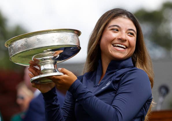 Maria Jose Marin of Colombia celebrates holds the ANWA championship Trophy after the final round of the Augusta National Women s Amateur at Augusta National Golf Club on Saturday, April 4, 2026 in Augusta, Georgia. Marin won the Augusta National Women s Amateur with a score of 14 under par.  AUG20260404105 JOHNxANGELILLO