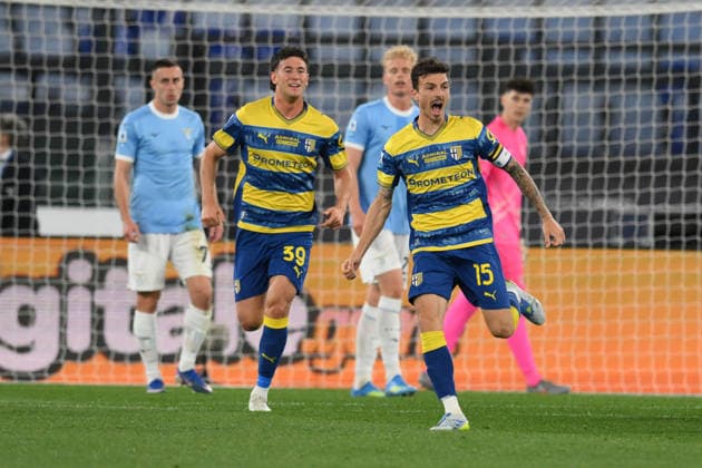 Foto IPP Roberto Ramaccia Roma 4 4 2026 Campionato di Calcio Serie A 2025 2026 Lazio vs Parma Nella foto Enrico Delprato of Parma esulta dopo aver segnato il gol del 0-1 Italy Photo Press - World Copyright Roma italy Italia ITALY  Copyright: xR4924_italyphotopressx
