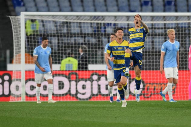 4th April 2026, Stadio Olimpico, Rome, Italy; Italian Serie A Football; Lazio versus Parma; Enrico Delprato of Parma celebrates after scoring goal for 0-1 AllShotLive Content restricted for UK based newspaper