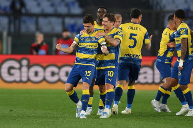 4th April 2026, Stadio Olimpico, Rome, Italy; Italian Serie A Football; Lazio versus Parma; Enrico Delprato of Parma celebrates after scoring goal for 0-1 AllShotLive Content restricted for UK based newspaper