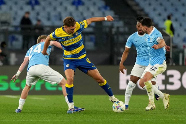Kenneth Taylor of SS Lazio, Mateo Pellegrino of Parma Calcio and Danilo Cataldi of SS Lazio during the Serie A 2025 2026 football match between SS Lazio and Parma Calcio at Stadio Olimpico in Rome (Italy), April 4, 2026. AntoniettaxBaldassarre
