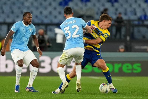 Nuno Tavares of SS Lazio, Mateo Pellegrino of Parma Calcio and Danilo Cataldi of SS Lazio during the Serie A 2025 2026 football match between SS Lazio and Parma Calcio at Stadio Olimpico in Rome (Italy), April 4, 2026. AntoniettaxBaldassarre