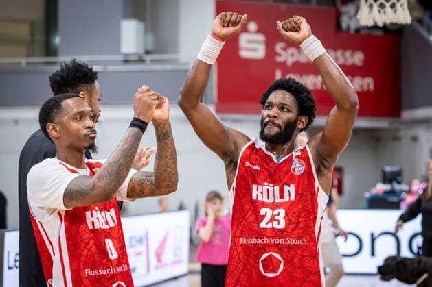 Barmer 2 Basketball Bundesliga ProA Bayer Giants Leverkusen vs RheinStars Koeln, 04 04 26 Leverkusen, 04 04 26 Cedric Cezell Russell Jr RheinStars Cologne, 0 and Michael Jordan Miller RheinStars Cologne, 23 are happy about the victory during the Barmer 2 Basketball Bundesliga ProA Bayer Giants Leverkusen vs RheinStars Koeln game at the Ostermann Arena in Leverkusen Copyright: xBEAUTIFULxSPORTS LeahxKohringx