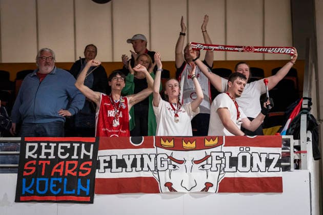Barmer 2 Basketball Bundesliga ProA Bayer Giants Leverkusen vs RheinStars Cologne, 04 04 26 Leverkusen, 04 04 26 The RheinStars Cologne fan club Flying Flöz during the Barmer 2 Basketball Bundesliga ProA Bayer Giants Leverkusen vs RheinStars Cologne game at the Ostermann Arena in Leverkusen Copyright: xBEAUTIFULxSPORTS LeahxKohringx