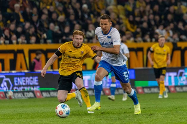 04 04 2026, Germany, Soccer, Dynamo Dresden vs Hertha BSC, Matchday 28, Season 2025 2026, Rudolf Harbig Stadion Wagner Robert Dynamo Dresden, 18 , Seguin Paul Hertha BSC, 30 Copyright: xMichellexLukax