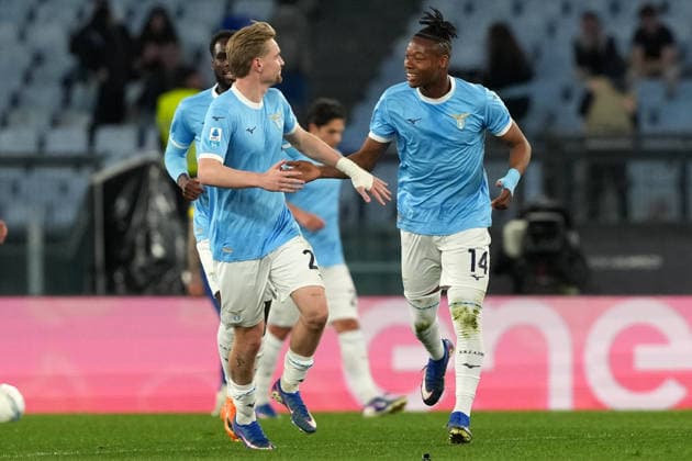 Tijjani Noslin of SS Lazio celebrates with Kenneth Taylor of SS Lazio after scoring the goal of 1-1 during the Serie A 2025 2026 football match between SS Lazio and Parma Calcio at Stadio Olimpico in Rome (Italy), April 4, 2026. AntoniettaxBaldassarre